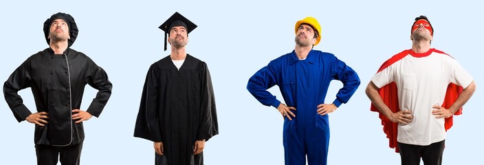 Group of chef, student, worker and super hero looking up
