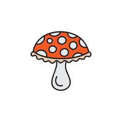 Mushroom vector illustration. Cute hand drawn outlined autumn red amanita fungus. Isolated cartoon graphic icon.