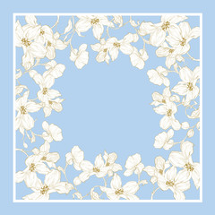 Trend colorful silk scarf with flowers. Gold, blue and white.