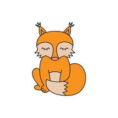 Fox vector illustration. Hand drawn outlined cute forest animal, ginger fox sitting with tail in front. Isolated graphic icon, cartoon character.