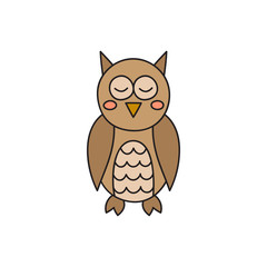 Owl vector illustration. Cute hand drawn outlined forest owl bird. Isolated graphic icon, cartoon animal, character.