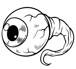 Cartoon black and white crazy monster angry halloween flying eye with nerve. Isolated on white background. Vector icon.