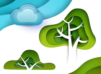 Abstract cartoon composition with green tree, bush and cloud in paper cut art style isolated on white background. Vector colorful minimalistic design concept. Creative 3d illustration or template.