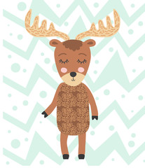 Cute moose flat. Forest fauna. Zoo mammal. Elk clipart. Postcard, kids book design element