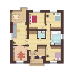Architectural floor plan of a house. Drawing of the cottage with furniture arrangement. One-storey building. Vector illustration EPS10