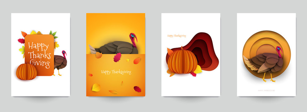 Set background for covers, invitations, posters, banners, flyers, placards. Minimal template design for branding, advertising with thanksgiving day composition in papercut style. Vector illustration.