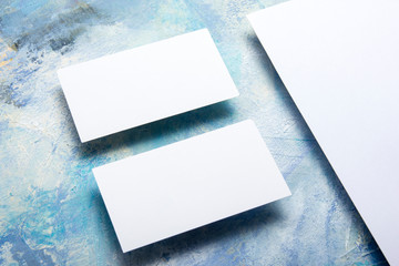 Business cards blank. Mockup on color background. Flat Lay. copy space for text