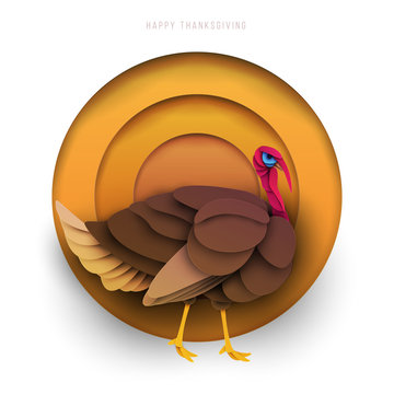 Cartoon turkey in paper cut style. Concept background for thanksgiving day. Minimalistic vector design template for greeting card, cover, poster, banner.
