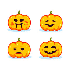 Set of pumpkins for Halloween with different emotions. Scary, grinning, surprised, smiling heads. Vector element for poster, invitation, cover, print.