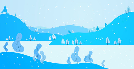 Winter panoramic landscape background with trees, hills and river in flat colorful style. Cartoon vector horizontal illustration. Seasonal concept for design banner, card.