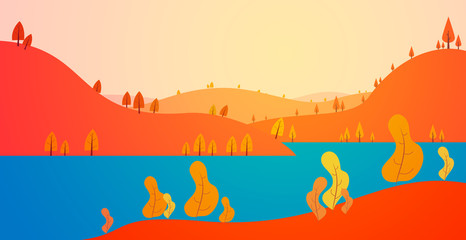 Autumn panoramic landscape background with trees, hills and river in flat colorful style. Cartoon vector horizontal illustration. Seasonal concept for design banner, card.