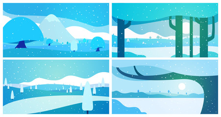 Set of winter panoramic landscape background with snow, trees and hills in flat colorful style. Cartoon vector horizontal illustration. Seasonal concept for design banner, card.