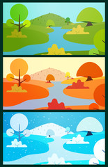 Fototapeta na wymiar Set of cartoon panoramic landscape background in different seasons. Flat colorful concept in winter, spring, summer, autumn. Vector horizontal illustration. Template for design banner, poster, card.