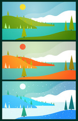 Set of cartoon panoramic landscape background in different seasons. Flat colorful concept in winter, spring, summer, autumn. Vector horizontal illustration. Template for design banner, poster, card.