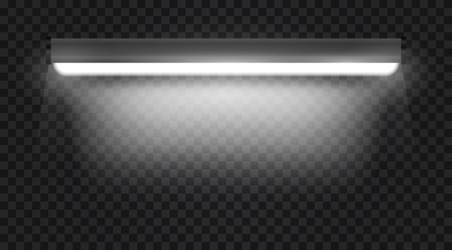 Realistic 3d white long fluorescent light tube isolated on transparent background. Bright illuminated luminescence lamp. Vector illustration.