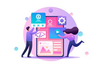 Young people are engaged in mobile application design, website pages development. Flat 2D character. Concept for web design
