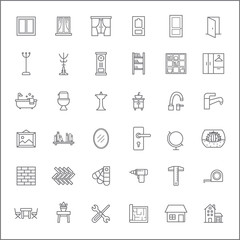 Set of furniture and interior Icons line style. Included the icons as window, door, curtain, bathroom, home decoration, bookshelf, bathtub and more. customize color, stroke width control , easy resize