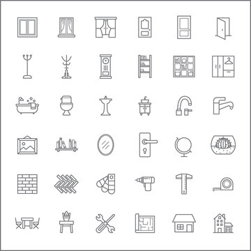 Set of furniture and interior Icons line style. Included the icons as window, door, curtain, bathroom, home decoration, bookshelf, bathtub and more. customize color, stroke width control , easy resize