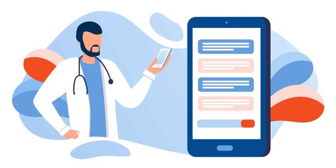 Fototapeta premium Patient consultation to the doctor via smartphone. Online medical support. Online doctor. Healthcare services, Ask a doctor. Family doctor, urologist with stethoscope on the messenger screen