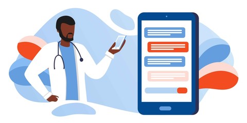 Patient consultation to the doctor via smartphone. Online medical support. Online doctor. Healthcare services, Ask a doctor. Afro Family doctor, urologist with stethoscope on the messenger screen