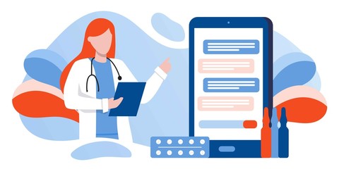 Patient consultation to the doctor via smartphone. Online medical support. Online doctor. Healthcare services, Ask a doctor. Family female doctor, gynecologist with stethoscope on the messenger screen