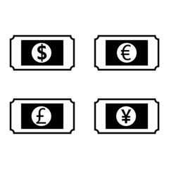 The currency signs of Dollar, Euro, Pound and Yen banknote. Icon set on white background.