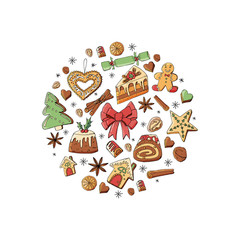 Circle made of different christmas winter desserts, sweets and food.