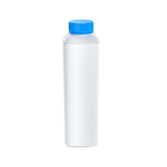 White plastic bottle mockup for dairy , milk, yogurt. Isolated on white background. Container with blue cap.
