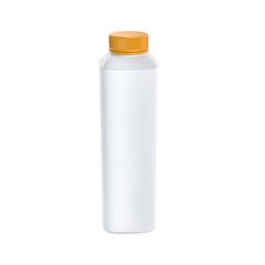 White plastic bottle mockup for dairy , milk, yogurt. Isolated on white background. Container with orange cap.