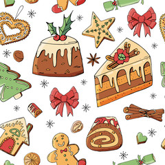 Seamless pattern with christmas pastry. Endless texture for festive design, restaurant and cafe menu, decoration.