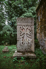 Armenian cross-stone khachkar at the ruined Matosavank Monastery in Dilijan, Armenia