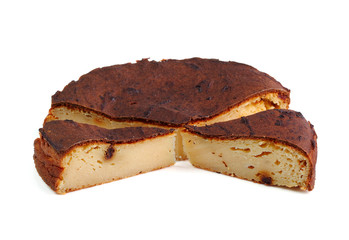 Cheesecake with raisins. Isolated on a white background.