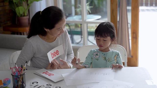 happy mother teaching her daughter the basic to read and write at home. toddler kindergarten student