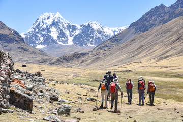 Fototapeta premium A group of trekkers on the Ausungate trail in the Peruvian Andes