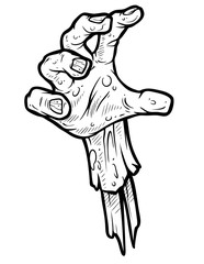 Cartoon graphic black and white hand drawn scary zombie monster hand with bone. Isolated on white background. Halloween vector icon.