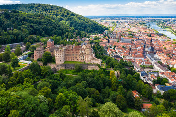 Fototapeta na wymiar Aerial view, Heidelberg Castle and Old Town of Heidelberg with Neckar, Baden-Wuerttemberg, Germany,