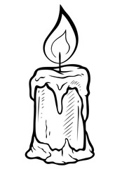 Cartoon graphic black and white hand drawn flaming candle. Isolated on white background. Halloween vector icon.
