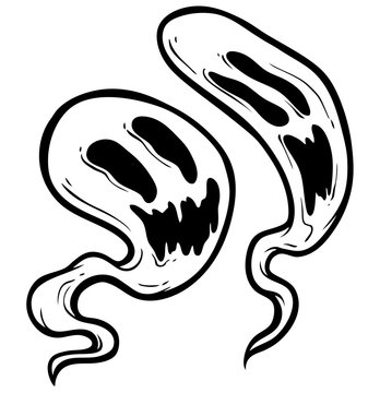 Cartoon funny crazy graphic black and white hand drawn ghost monster with angry faces. Isolated on white background. Halloween vector icon.