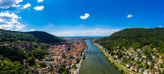 Aerial view, Heidelberg Castle and Old Town of Heidelberg with Neckar, Baden-Wuerttemberg, Germany,