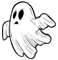 Cartoon funny crazy graphic black and white hand drawn ghost monster with spooky face. Isolated on white background. Halloween vector icon.