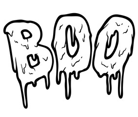 Cartoon graphic black and white hand drawn Halloween Boo text lettering design. Isolated on white background. Vector icon.