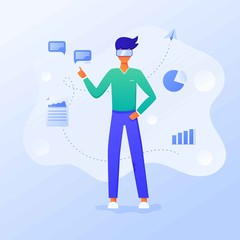 Business man using virtual reality glasses and touching vr interface, data analysis. Into virtual reality world. Future technology. Landing page, banner, infographic template. Guy wearing VR headset