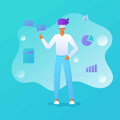 Business man using virtual reality glasses and touching vr interface, data analysis. Into virtual reality world. Future technology. Landing page, banner, infographic template. Guy wearing VR headset