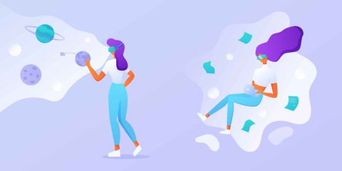 Fototapeta premium Business woman using virtual reality glasses and touching vr interface, data analysis. Into virtual reality world. Future technology. For landing page, banner, infographic. Girl wearing VR headset