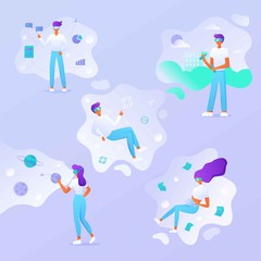 Fototapeta premium Woman and man wear virtual reality digital glasses are working in a virtual environment. People interacting with charts and analysing statistics. Virtual augmented reality. For banner, landing page