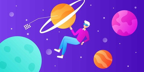 Fototapeta premium Young man with VR headset in space. Virtual reality for education and games. Flat cartoon vector illustration. Guy flying in cyberspace interacting with imaginary universe. For banner, landing page