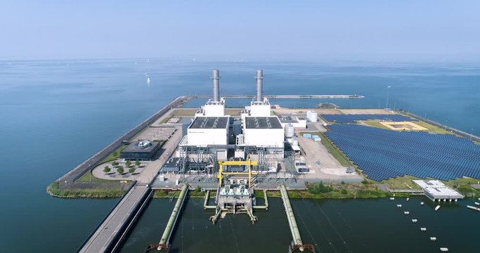 FLEVOLAND, NETHERLANDS &ndash; 31 August 2019: The Engie Maxima Centrale, A Dutch Gas and Solar Powerplant. 4K Drone Footage