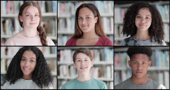 Portrait of divers group high school teenage students in library