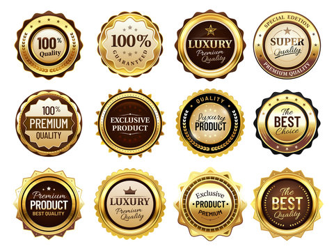 Luxury golden badges. Premium quality stamp, gold labels and best offer badge. Award emblem, seal quality certificate tag or elegant royal medal. Isolated vector illustration icons set