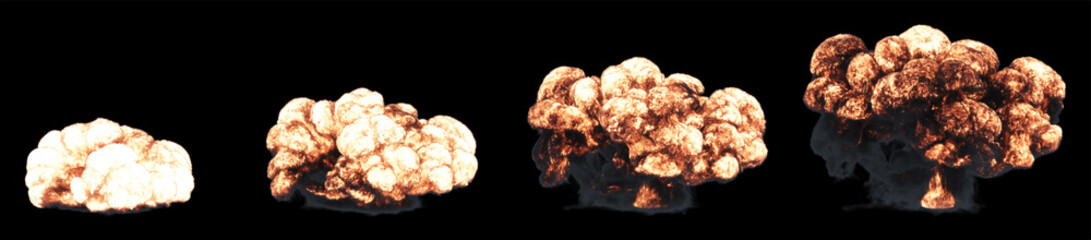 Fiery explosion on a black background. A set of pictures. 3D rendering.